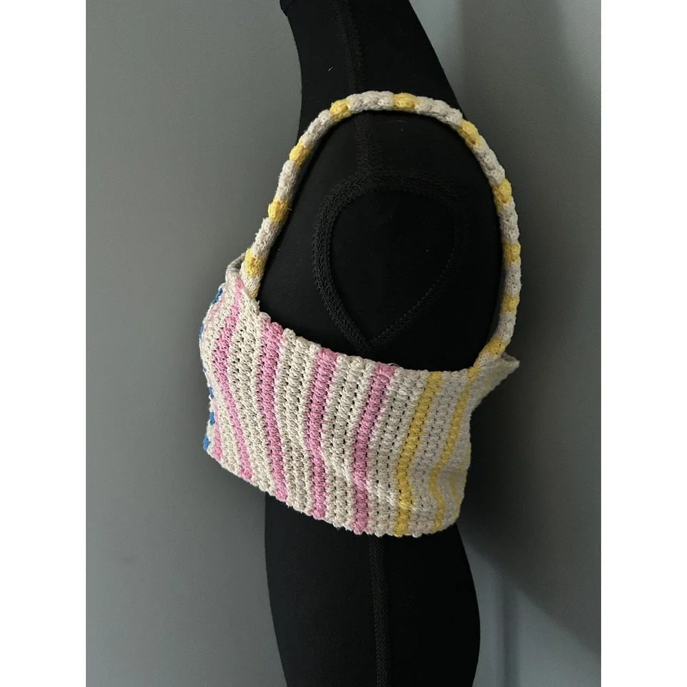Zara Multi Color Crochet Striped Knit Crop Top Medium Tank 100% Cotton Summer - Picture 3 of 7